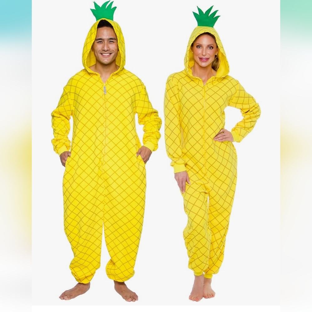 Pineapple yellow Hooded Zip Up Onesie Unisex Size Large